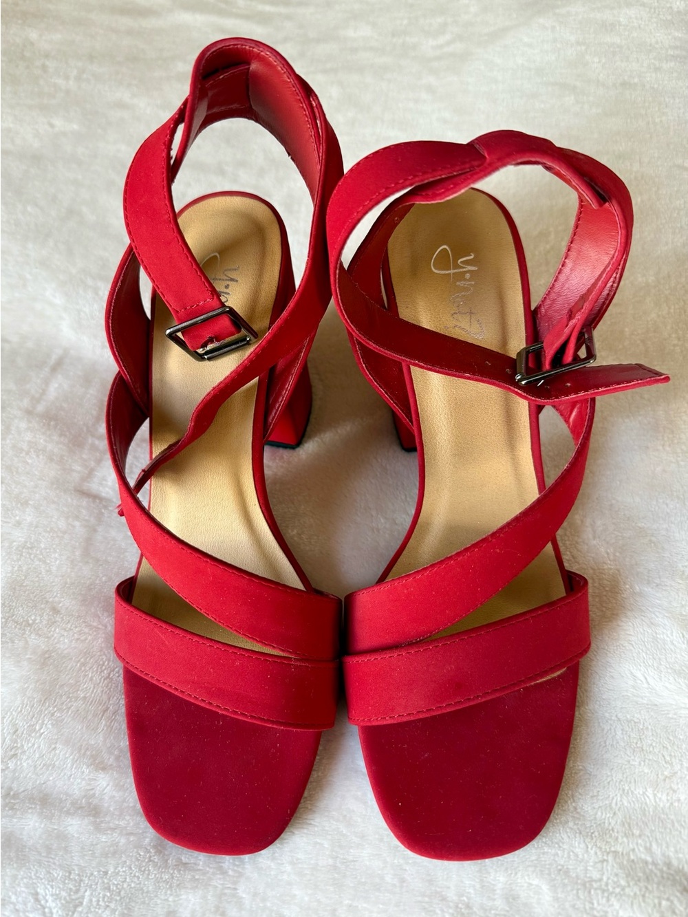 YNot Red Strappy Block Heel Sandals Square Toe Ankle Strap Size 9